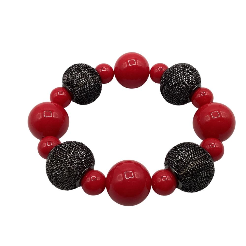 Vintage 1980s Chunky & Funky Beaded Bracelet Black Red on Elastic Band